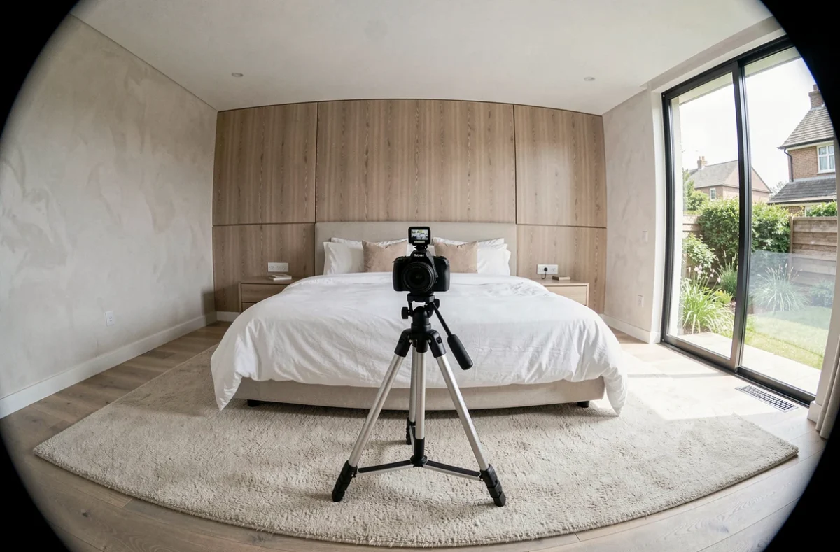 Chambre contemporaine vide préparée pour un shooting de visite virtuelle 360° avec un trépied et objectif fisheye au centre de la pièce