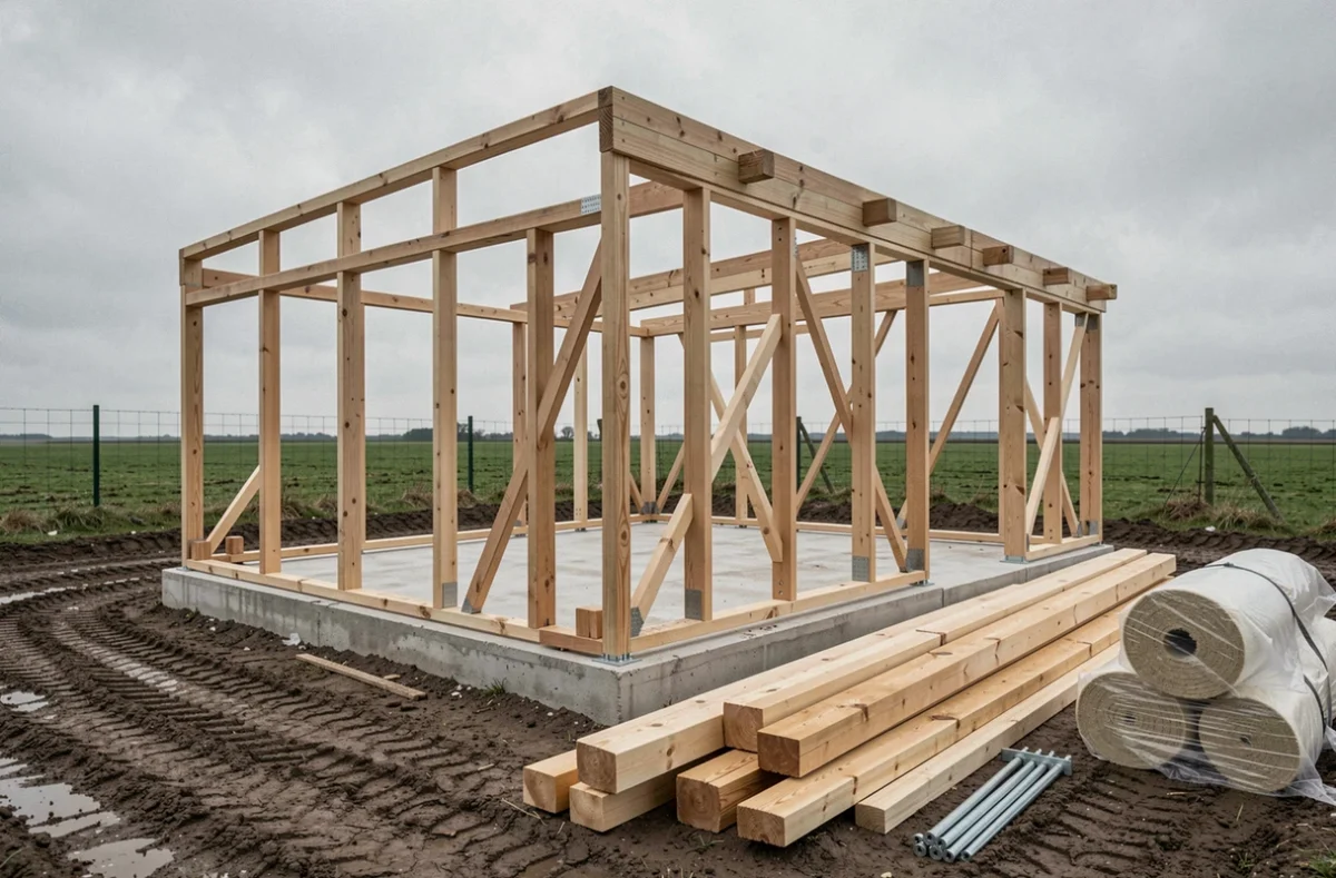 Chantier d'une maison ossature bois à petit budget montrant la structure en cours de montage sur dalle béton