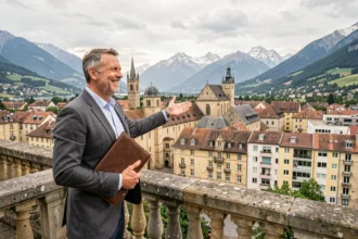 Chasseur immobilier professionnel devant un panorama de la région Auvergne-Rhône-Alpes