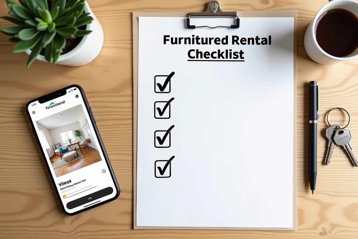 Vue aérienne d'une checklist de mobilier location meublée 2026 avec clés et smartphone sur bureau