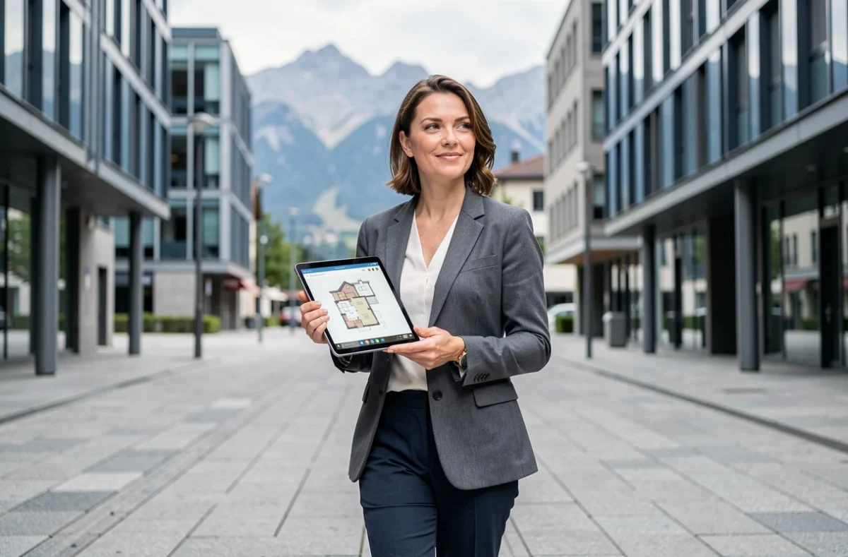 Chasseur immobilier Citad'In marchant dans une avenue moderne de Grenoble avec une tablette