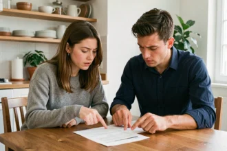 Deux colocataires examinent attentivement un contrat d'assurance habitation à une table en bois dans un appartement moderne