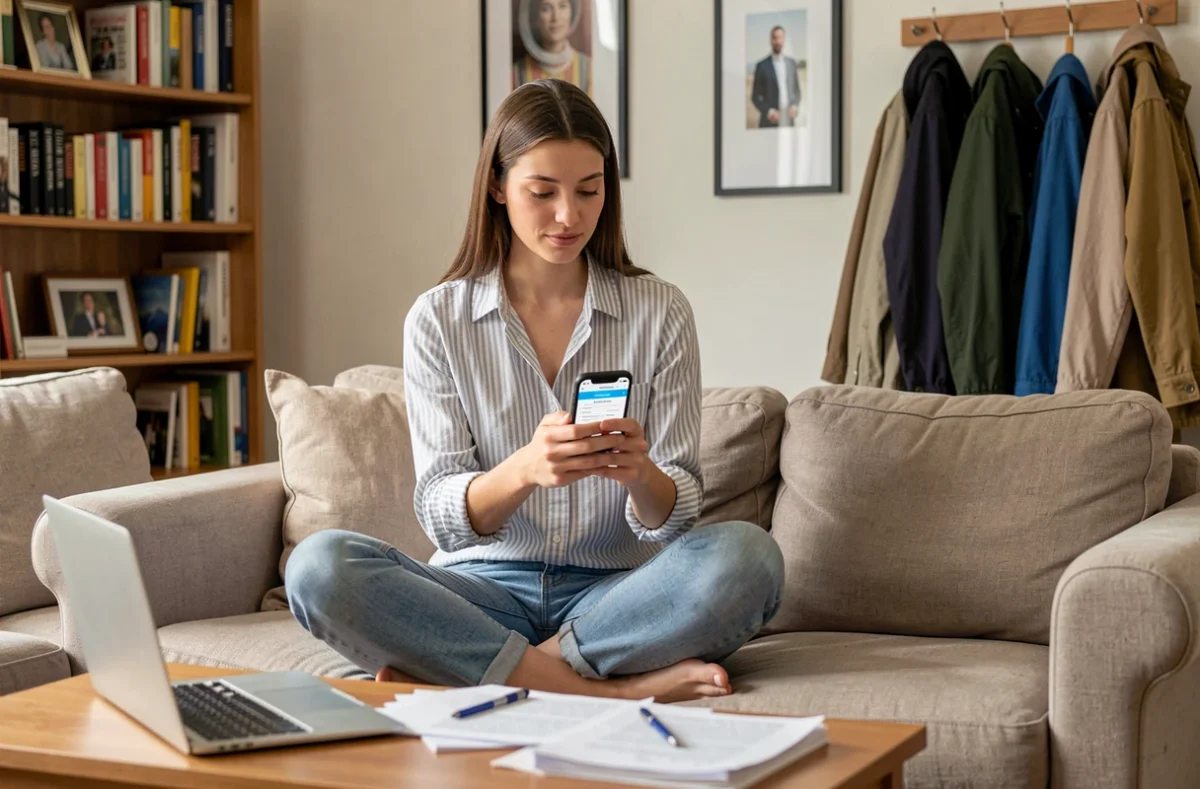 Jeune femme en colocation comparant des offres d'assurance sur son smartphone dans un salon partagé