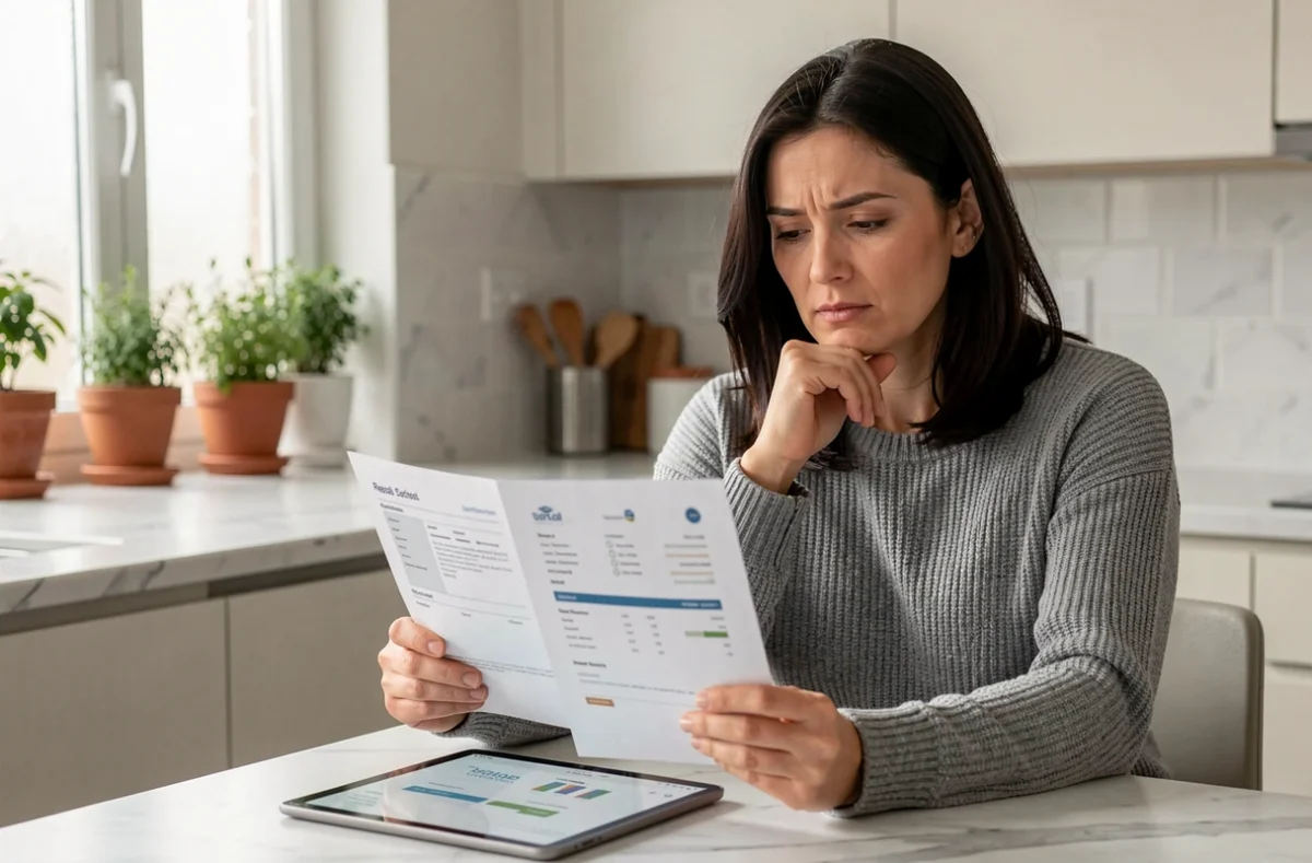 Femme comparant des estimations immobilières sur tablette et documents papier dans une cuisine moderne