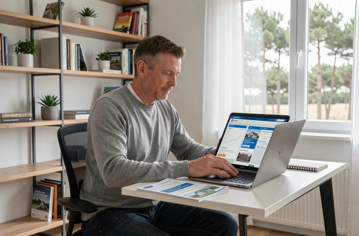 Homme comparant des offres d'assurance habitation en ligne dans un bureau à Mont-de-Marsan