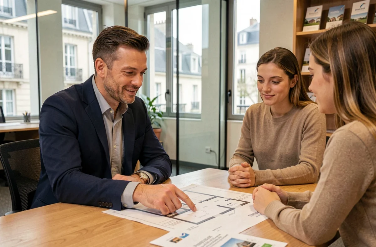 Conseiller immobilier présentant un investissement Pinel à un couple dans une agence à Bordeaux