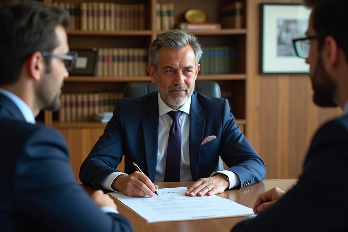 Conseiller juridique expliquant les risques d'un contrat immobilier neuf à l'île Maurice à des acheteurs