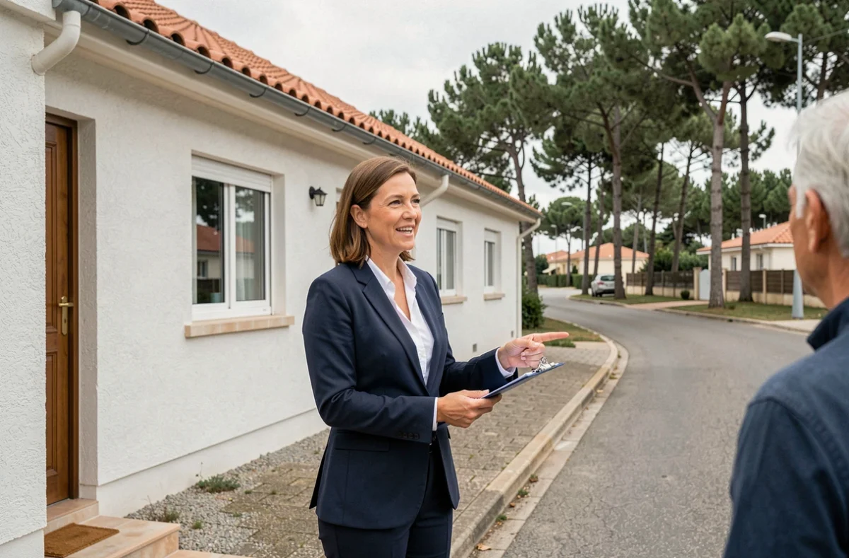 Conseillère en assurance habitation inspectant une maison individuelle à Mont-de-Marsan