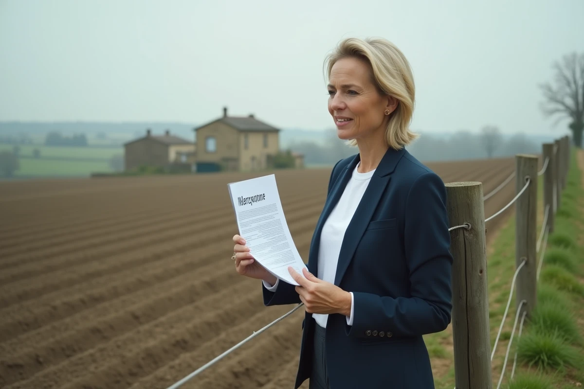 Conseillère agricole expliquant les clauses d'un bail rural au bord d'un champ cultivé en France