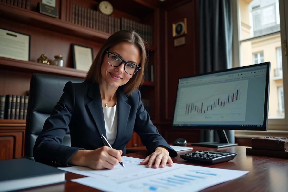 Conseillère financière annotant des documents de simulation de rente viagère dans un bureau notarial professionnel