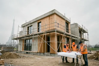 Chantier de construction d'une maison individuelle en région parisienne avec la Tour Eiffel en arrière-plan