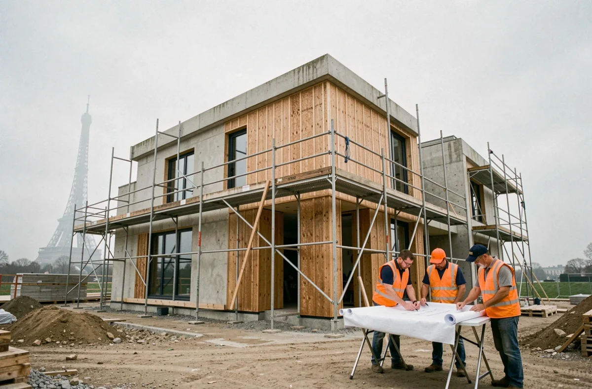 Chantier de construction d'une maison individuelle en région parisienne avec la Tour Eiffel en arrière-plan
