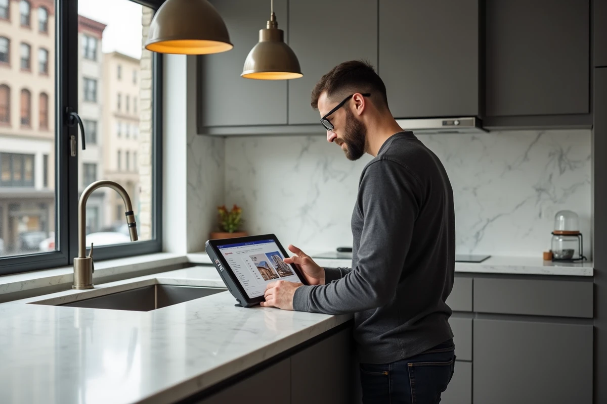 Homme consultant les annonces immobilières sur une tablette via un agrégateur de recherche immobilière dans une cuisine moderne
