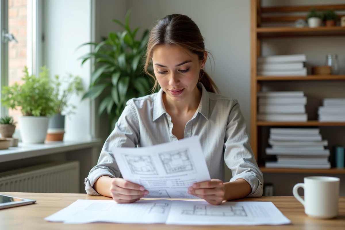 Femme consultant un document cadastral avec conversion de surface en mètres carrés à son bureau