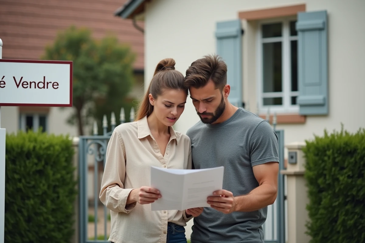 Couple d'acheteurs immobiliers devant une maison à vendre en France examinent un prospectus avec perplexité