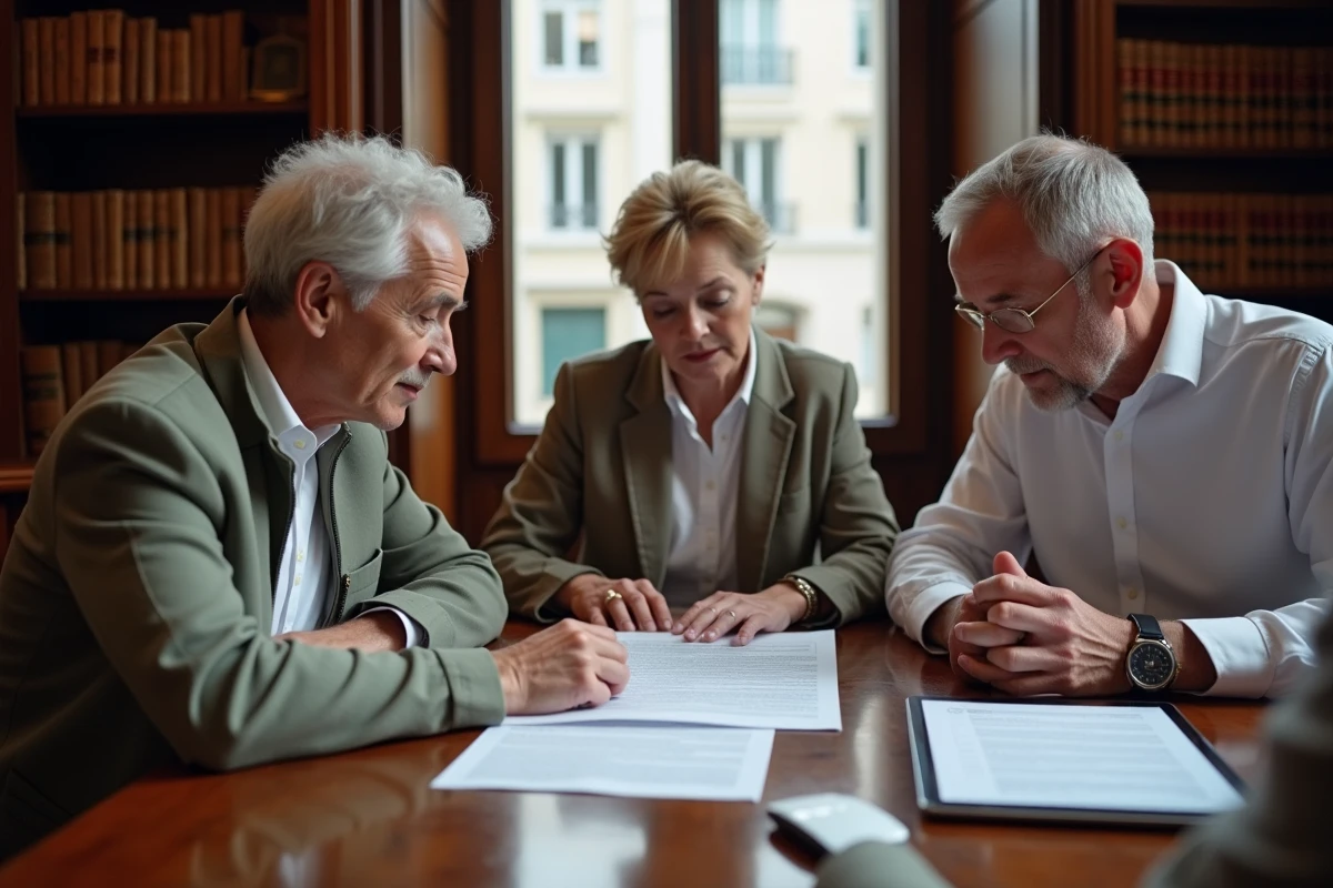 Couple d'acheteurs immobiliers consultant un formulaire IAL avec un notaire qui explique les risques naturels via l'outil ERRIAL géorisque lors d'une transaction immobilière