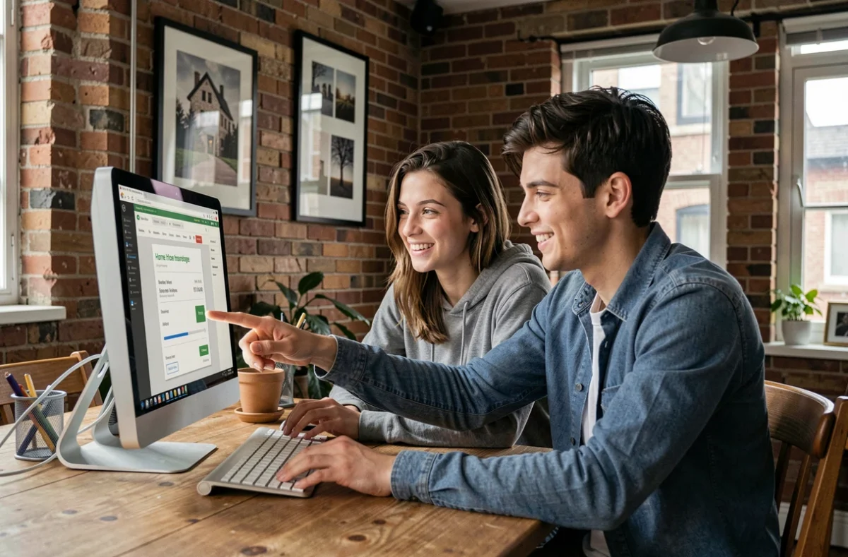 Couple comparant des offres d'assurance habitation en ligne sans franchise sur un ordinateur dans leur appartement