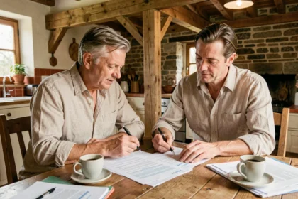 Couple consultant des documents d'assurance habitation à Mont-de-Marsan dans une maison landaise traditionnelle