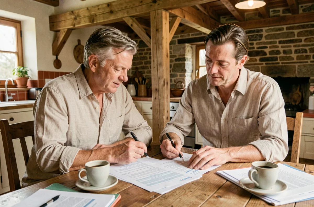 Couple consultant des documents d'assurance habitation à Mont-de-Marsan dans une maison landaise traditionnelle