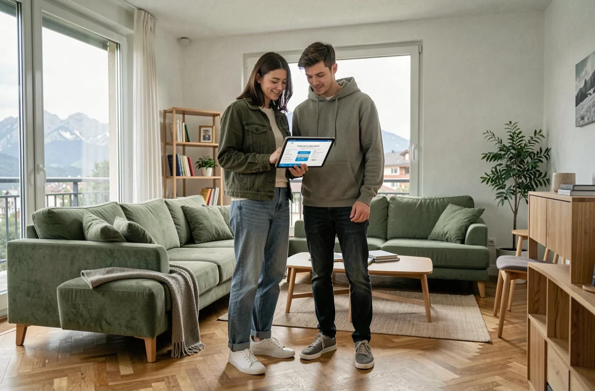 Couple comparant des offres d'assurance habitation sur tablette dans un appartement moderne à Grenoble