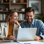Jeune couple souriant dans leur appartement cosy