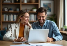 Jeune couple souriant dans leur appartement cosy