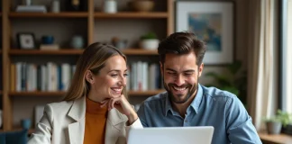Jeune couple souriant dans leur appartement cosy