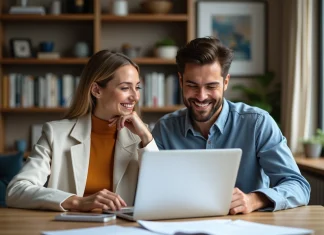 Jeune couple souriant dans leur appartement cosy