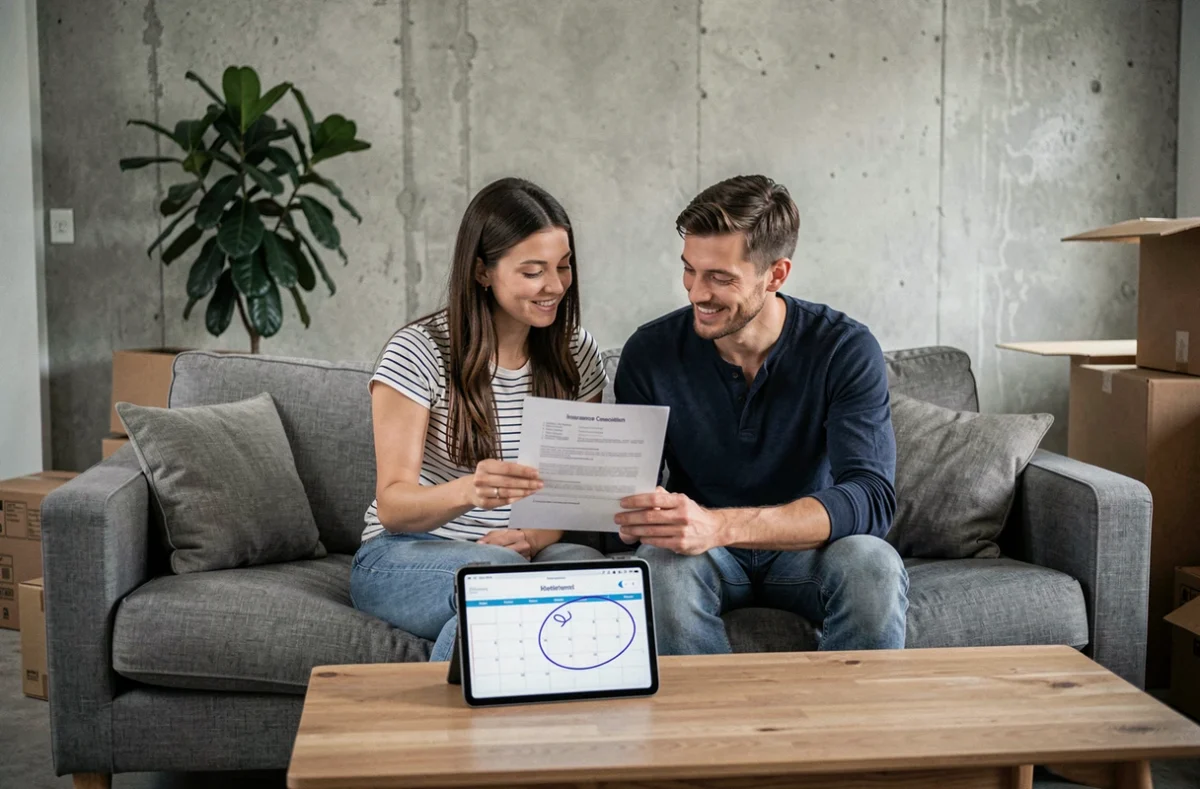 Couple vérifiant les étapes de résiliation de leur assurance habitation avant un déménagement