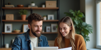 Jeune couple dans un appartement moderne travaillant ensemble