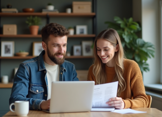 Jeune couple dans un appartement moderne travaillant ensemble