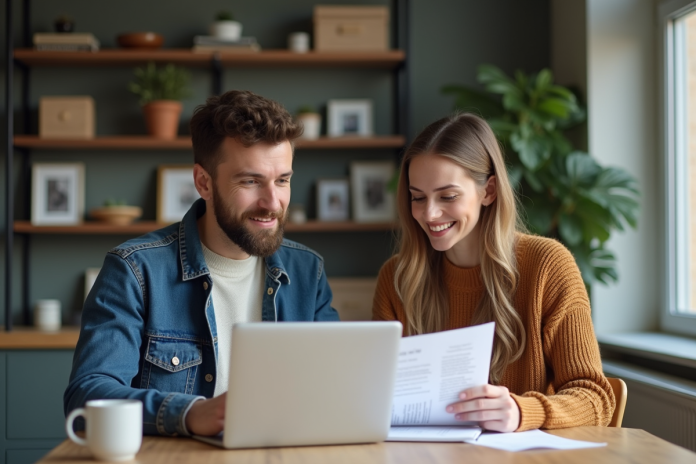 Jeune couple dans un appartement moderne travaillant ensemble