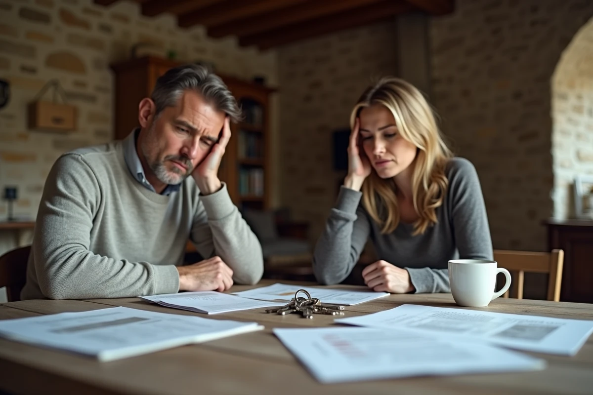 Couple en situation de divorce examinant des documents immobiliers pour la vente urgente de leur maison en Moselle