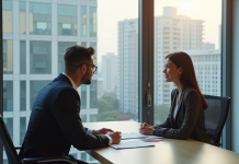 Couple étranger discutant avec un conseiller immobilier