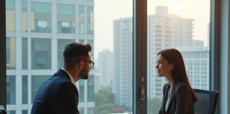 Couple étranger discutant avec un conseiller immobilier