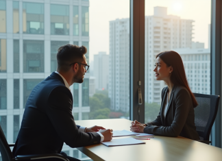 Couple étranger discutant avec un conseiller immobilier