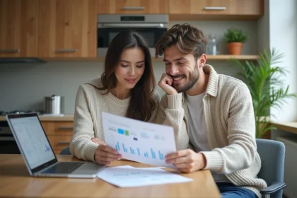 Jeune couple &eacute;tudie des factures d'&eacute;lectricit&eacute; dans une cuisine moderne