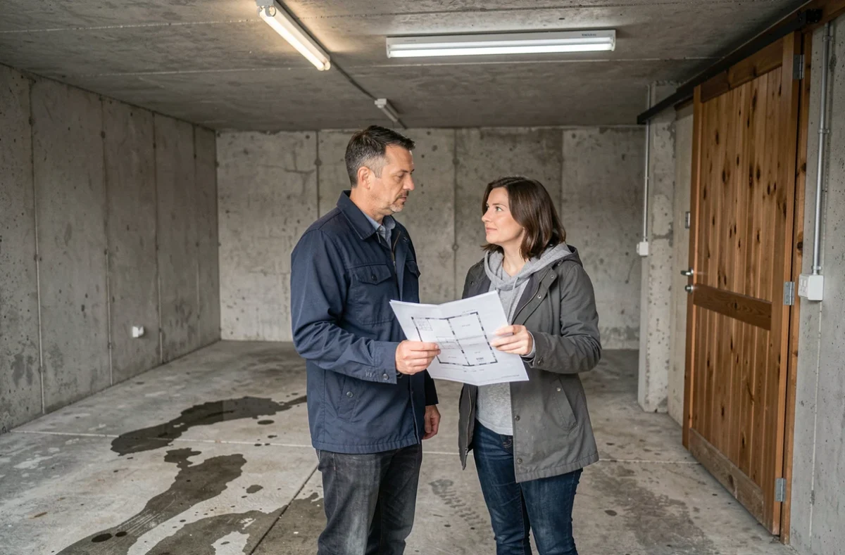 Couple évaluant l'intérieur d'un garage mitoyen avant un achat immobilier