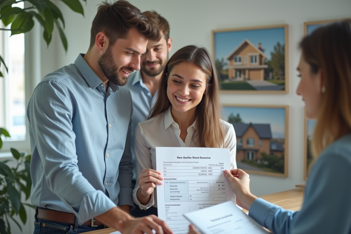 Jeune couple discutant avec un agent immobilier dans un bureau lumineux