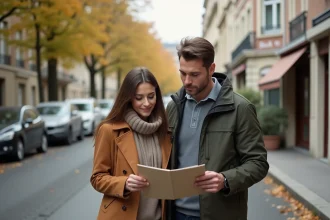 Couple consultant une annonce immobilière dans une rue résidentielle calme de Maisons-Alfort au bord de la Marne