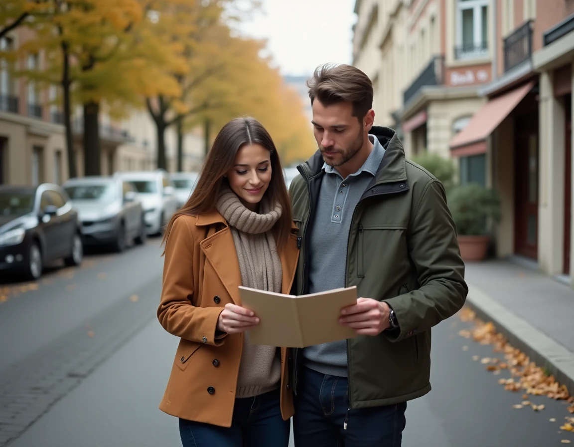 Couple consultant une annonce immobilière dans une rue résidentielle calme de Maisons-Alfort au bord de la Marne