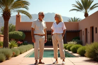 Couple dans un jardin marocain avec villa et montagnes
