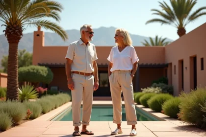 Couple dans un jardin marocain avec villa et montagnes