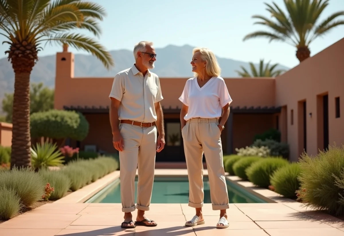 Couple dans un jardin marocain avec villa et montagnes