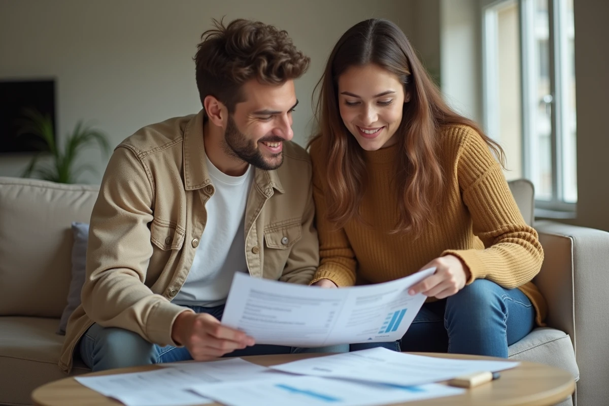 Couple de jeunes locataires examinant leur dossier d'aide au logement APL dans leur appartement