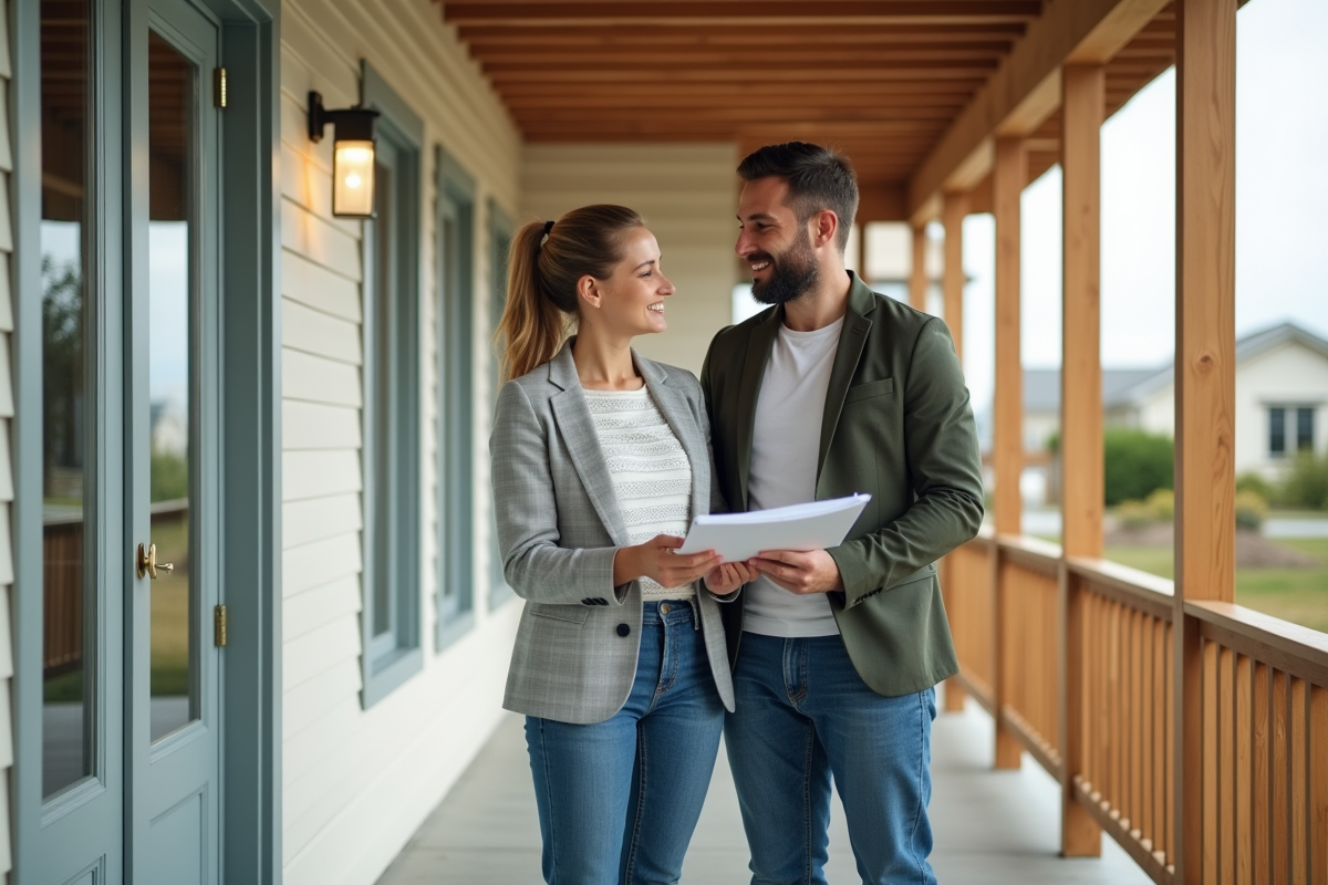 Couple devant maison neuve tenant documents financiers