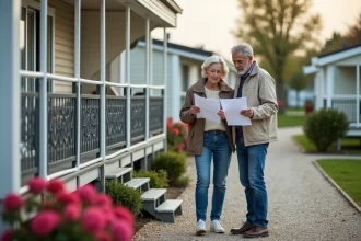 Couple examinant des documents réglementaires devant un mobil-home dans un parc résidentiel en France, illustrant la loi ALUR 2026