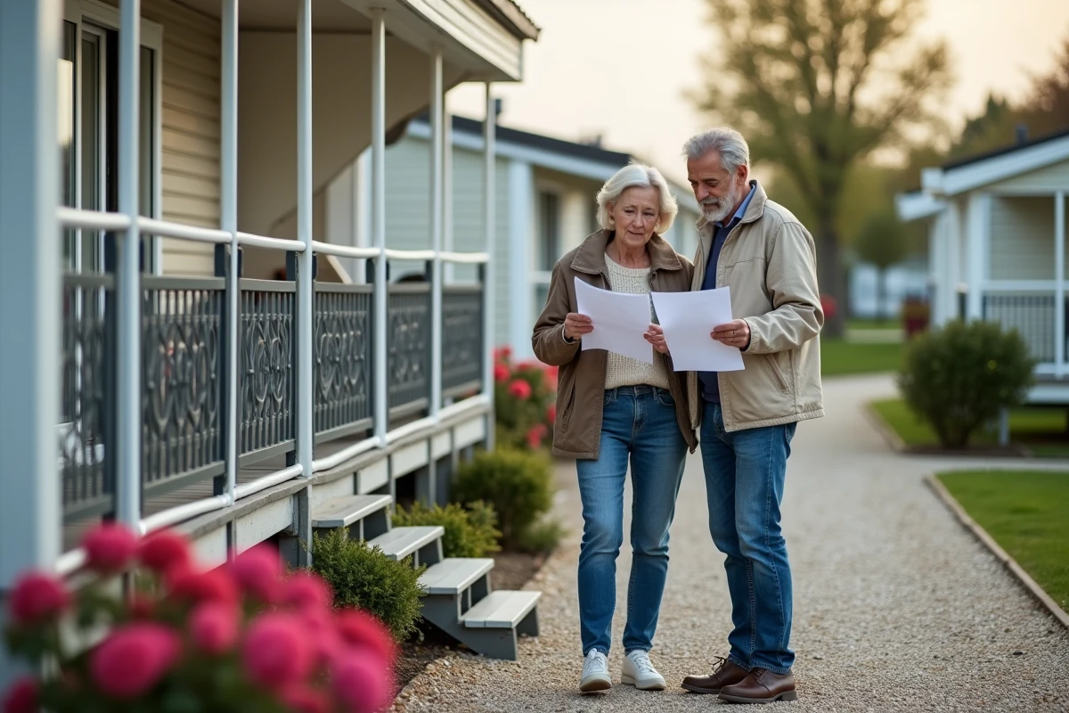 Couple examinant des documents réglementaires devant un mobil-home dans un parc résidentiel en France, illustrant la loi ALUR 2026