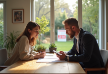 Couple examinant des papiers dans un salon lumineux
