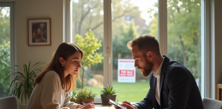 Couple examinant des papiers dans un salon lumineux
